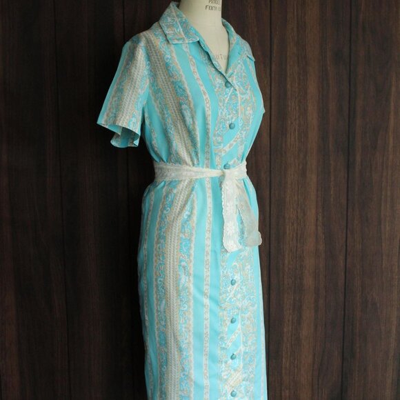 Vintage 1960s Dress, Volup Size in Blue White and Tan, Mod Style - Picture 4 of 10